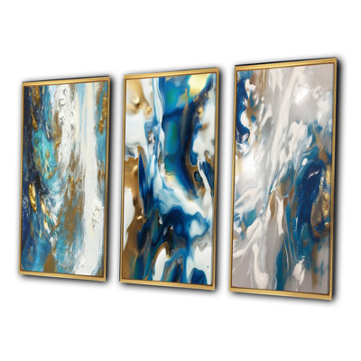 Sudden Sensuality - Turquoise abstrait et or - ensemble de 3 peintures d'art abstrait