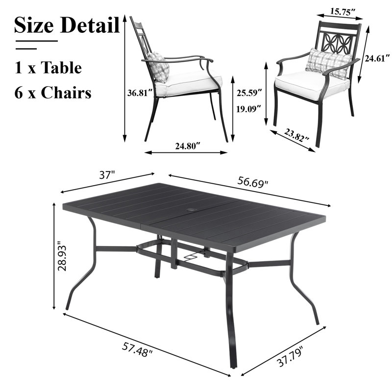 Ensemble repas pour 6 personnes en métal avec coussins, table de patio rectangulaire