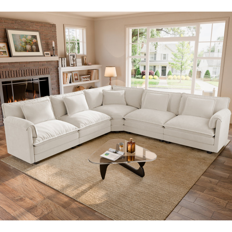 Amabilia L Shaped Upholstered Boneless Corner Modular Sectional Sofa Cloud Couch - Chenille Fabric, Beige Chenille
