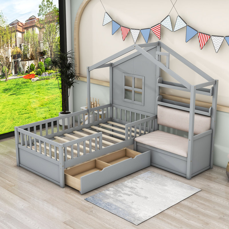 Abrakata Twin Upholstered House Platform Bed with 2 Drawers and Shelf, Gray