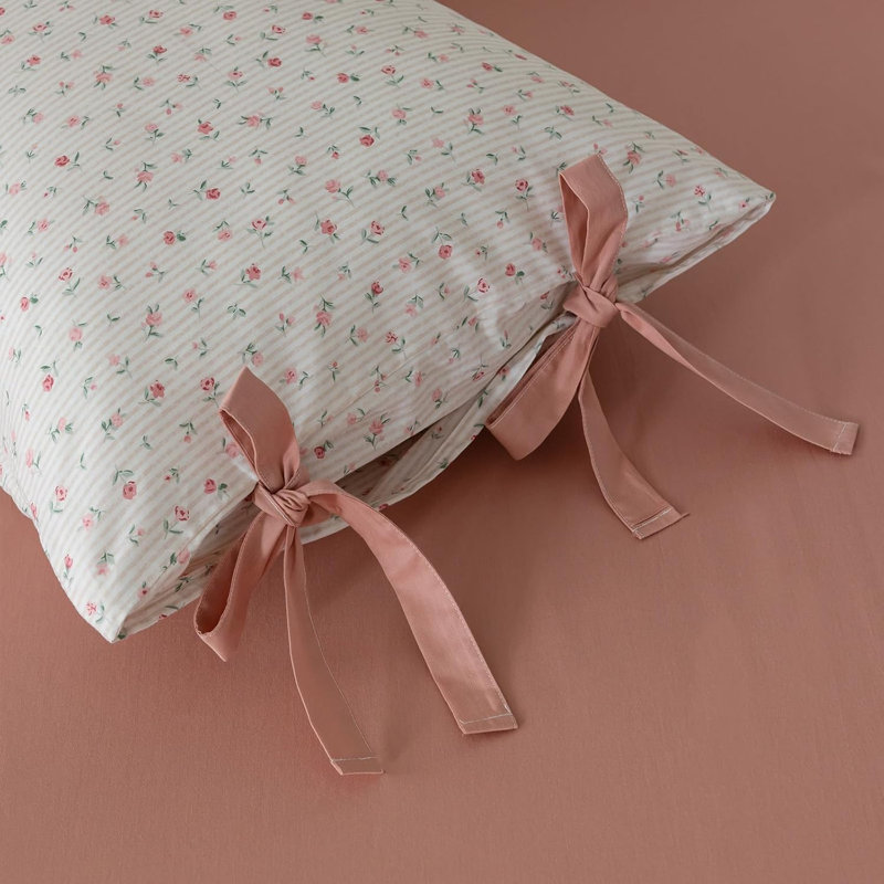 Floral Comforter Set Bed In A Bag Stripes Bedding Set 3 Pieces For All Seasons,Soft Comfy Comforter With 2 Bowknot Pillowcases