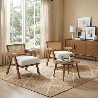 2pcs Mid-Century Modern Accent Chair with Rattan Details, Fabric Upholstered Lounge Armchair, Wood Frame & Soft Cushion for Living Room, Bedroom, Balcony