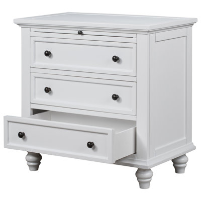 3-Drawer Nightstand With Pull-Out Tray, Pine Wood Veneer & Rubberwood Legs