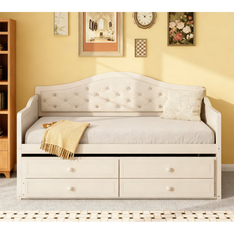 Lit de jour moderne avec 2 tiroirs de rangement et lit gigogne, Beige