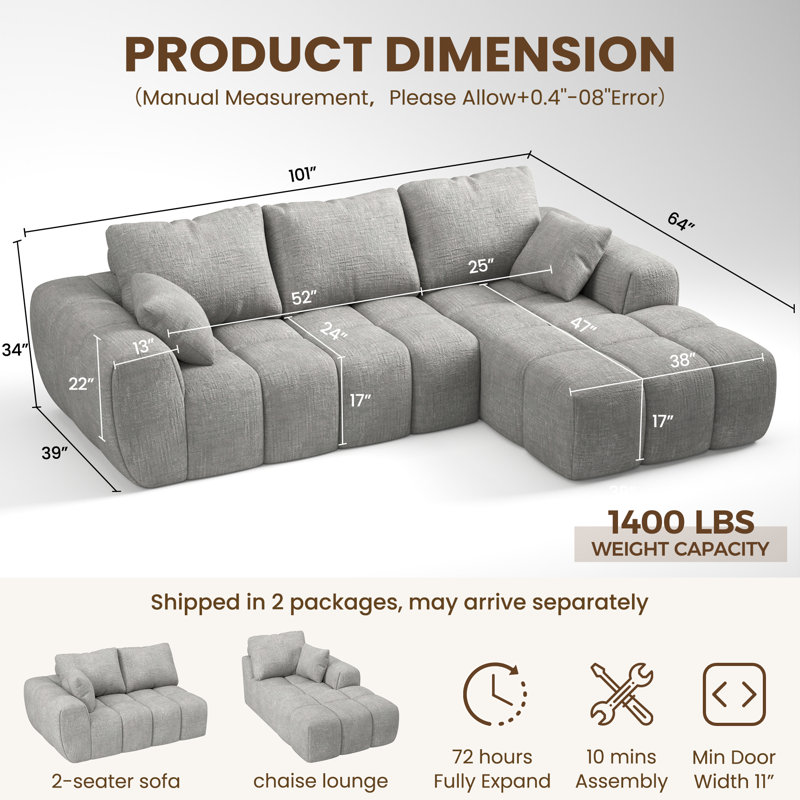 Boneless 101" 2-Piece Compression Boneless L-Shaped Cloud Modular Sectional Sofa, No Assembly Required, Light Gray Chenille