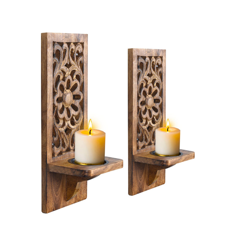 Handcrafted Wooden Wall Candle Sconces - Set Of 2 Pillar Candle Holders, Rustic Wooden Wall Candle Sconces, Decorative Wooden Wall Candle Sconces Perfect For Christmas,New Year - Natural Burnt 16 Inch