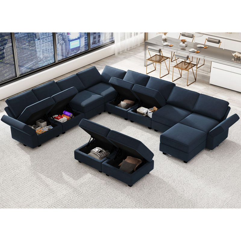 Wylodene 143'' W Oversized U Shaped Velvet Modular Sectional Storage Sofa Living Room Couch Set, Blue Velvet