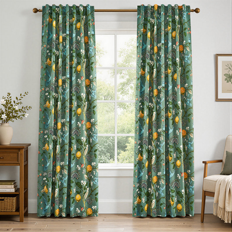 Fancy Hummingbird Patterned  Room Darkening Curtain,Rod Pocket Back Tab Floral Drapes,Set of 2, 52" W x 84" L, Sage Green