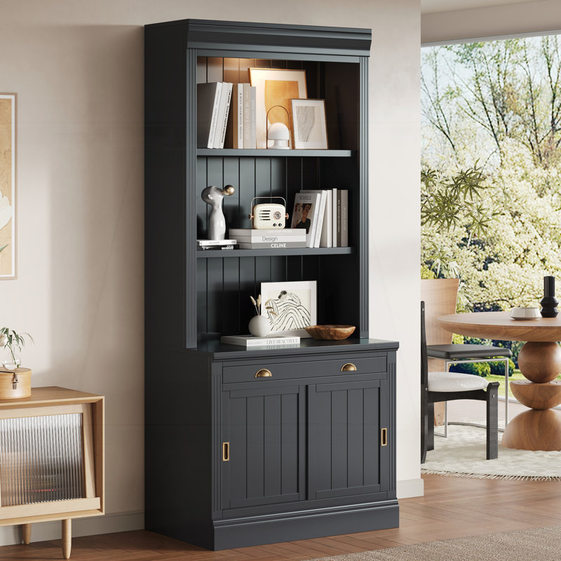 Sophisticated Tall Bookshelf with LED Lights and Versatile Storage Options, Black