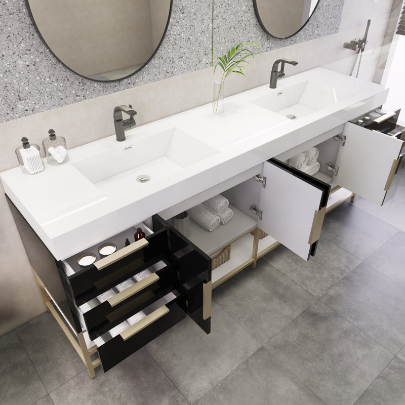 Meuble-lavabo double 83 po Marceia, Noir très lustré