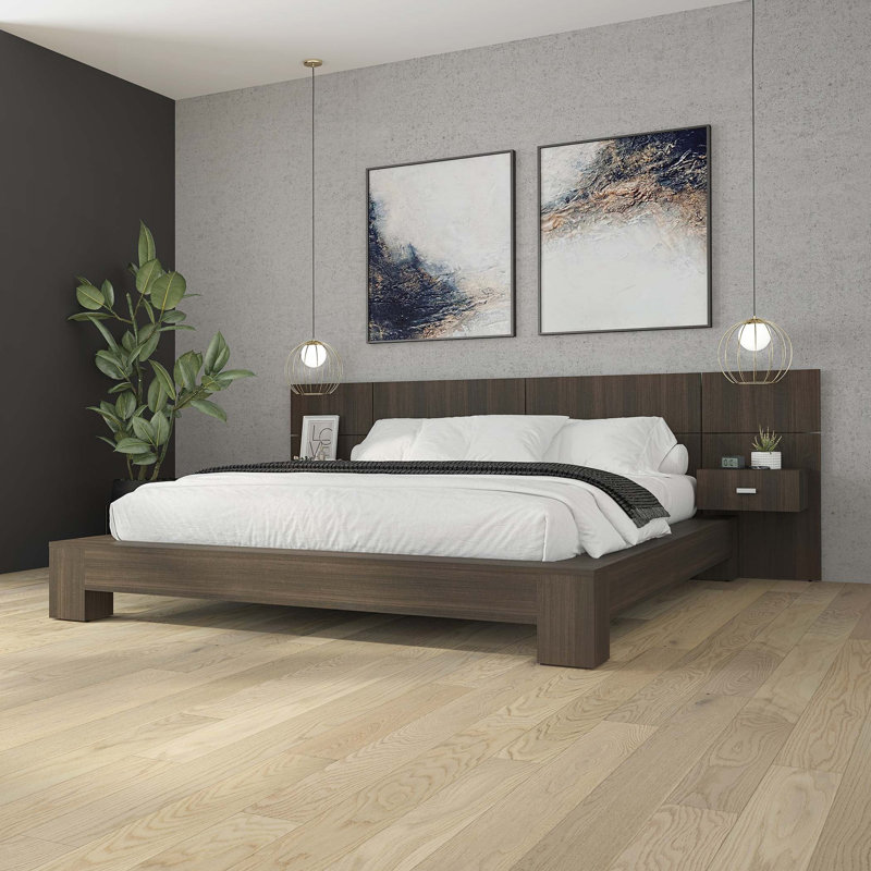 Chambre Zen - Lit plateforme avec tête de lit et tables de chevet (2) - Assemblage facile, aucun sommier requis, Tuxedo