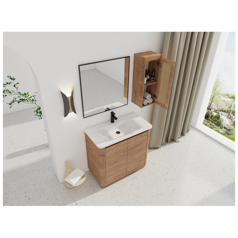 Meuble-lavabo autoportant 36 po avec lavabo en céramique et deux tiroirs à fermeture en douceur, finition chêne, 36"