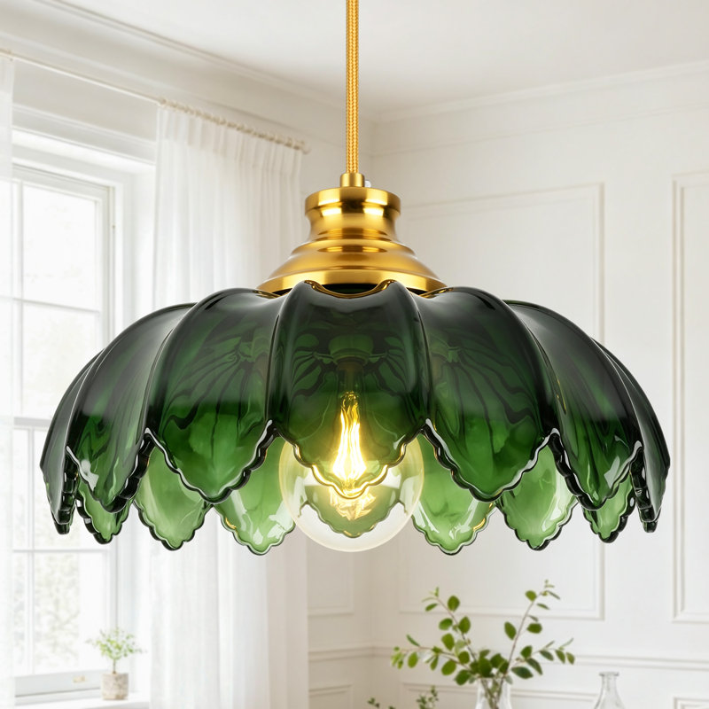 Luminaire suspendu 1 lumière avec abat-jour en verre pétale, Vert