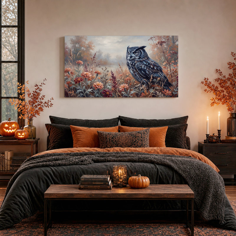 Tableau sur toile représentant un hibou perché dans des fleurs sauvages d'automne, idéal pour l'Halloween, L 40 po x H 20 po