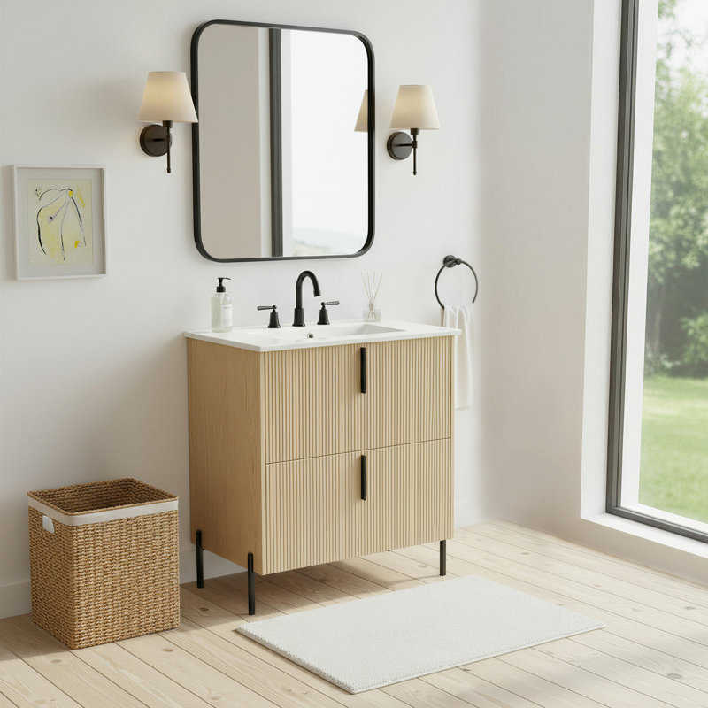 Ensemble de vanité sur pied moderne cannelé de 76 cm (30 po), lavabo en céramique, tiroirs à fermeture amortie et extension complète, quincaillerie et pieds noirs, couleur naturelle.