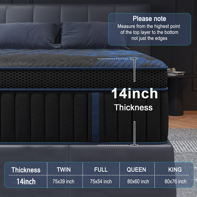 14'' Medium-Firm Hybrid Mattress With Cooling Gel Memory Foam And Pocket Springs, Bed-In-A-Box, Queen, 14"