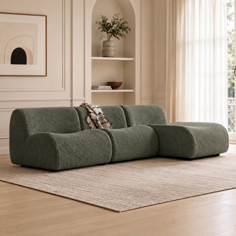Canapé modulaire incurvé incurvé en forme de L avec méridienne, capitonné 106,3 po, sans assemblage, Teddy - vert