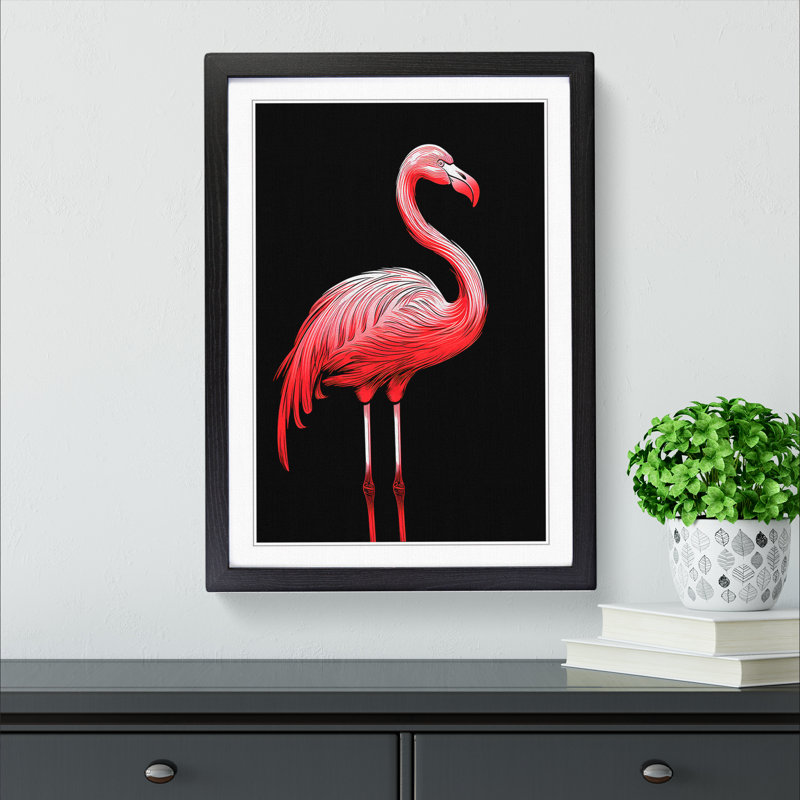 Flamingo Line No.2 - Single Picture Frame Print on Wood, Black Framed, 46cm H x 34cm W