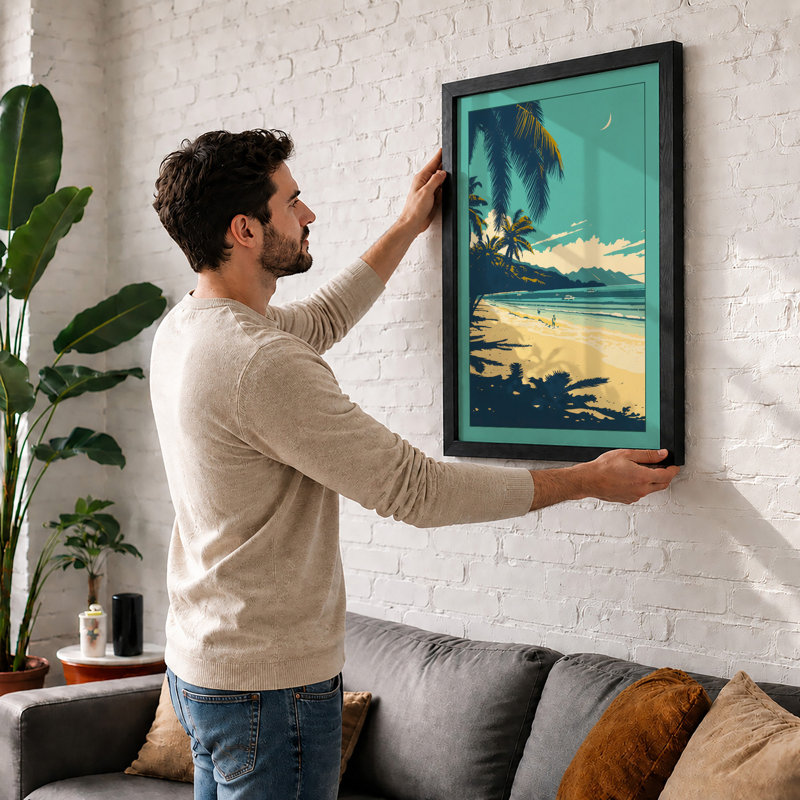 Moonlit Shore Tropical - Framed Print, A2 - 59.4 x 42.0 cm, Walnut