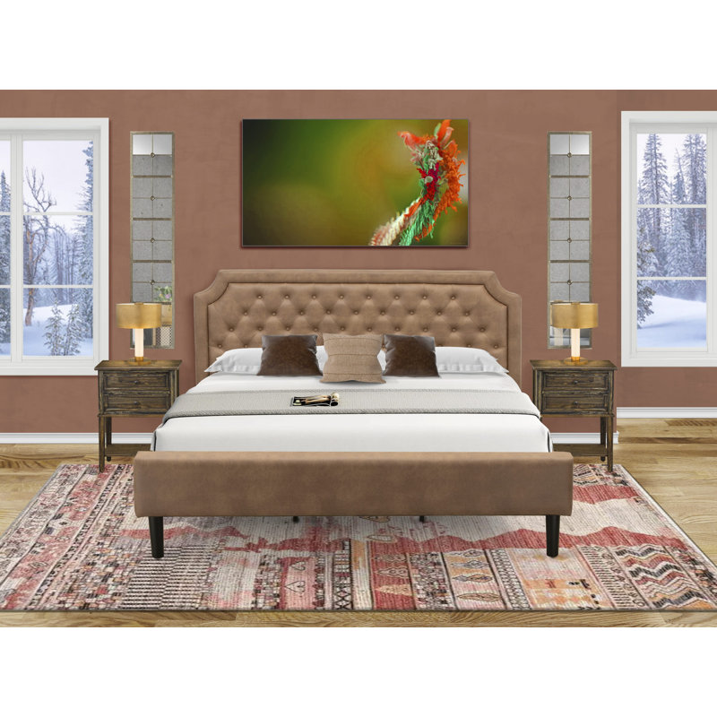 King Size Bed - Brown Textured Upholstered Headboard, Footboard and Wood Rails, Slats - Wooden 9 Legs with Full Support King Bed - Black Finish