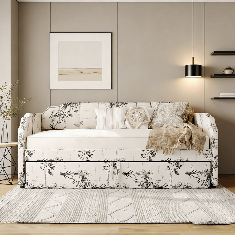 Twin Tufted Upholstered Daybed With Trundle And Usb Ports, Botanical Print