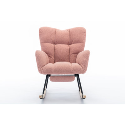 067-Teddy Fabric Leisure Rocking Chair With Adjustable Footstool,Nursery Rocking Chair, High Backrest, Storage Pocket On The Right Side,The Base Rocke