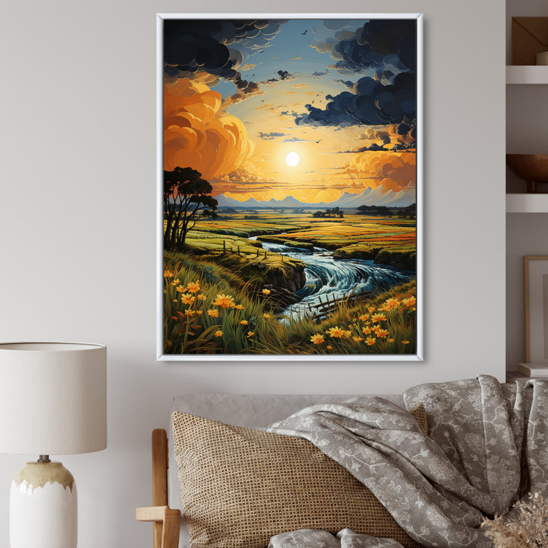 Prayies Whispers Patchwork - Décoration murale paysage et nature, H 44 po x l 34 po x P 1,5 po, Cadre flottant blanc