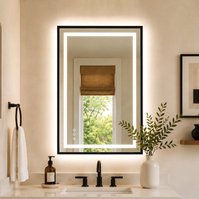 Miroir de salle de bain à cadre noir mat certifié UL / ETL avec éclairage avant et rétroéclairé, antibuée, 3 températures de couleur, gradation continue, fonction mémoire, verre trempé, fixation murale horizontale / verticale