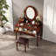 Bureau de coiffeuse avec miroir à angle réglable, tabouret rembourré et 5 tiroirs-2109669957