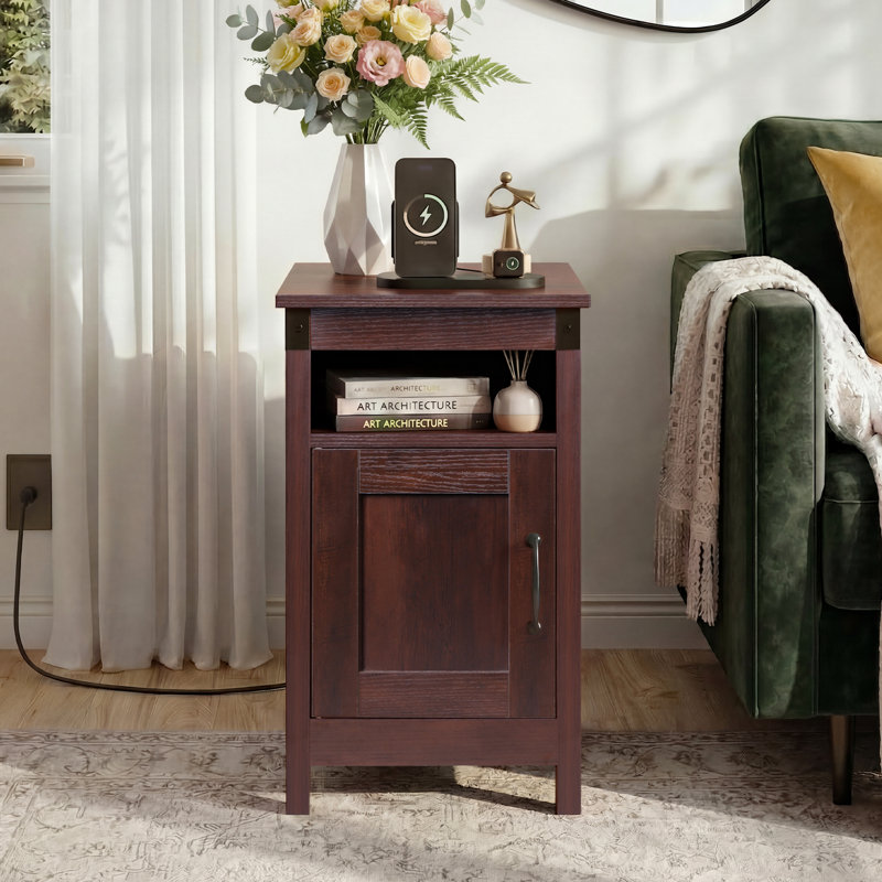 Carbin 24" Tall Farmhouse End Table with Charge Station and Storage, Side Table with Power Outlets & USB for Small Spaces, Rustic Nightstand Accent Table