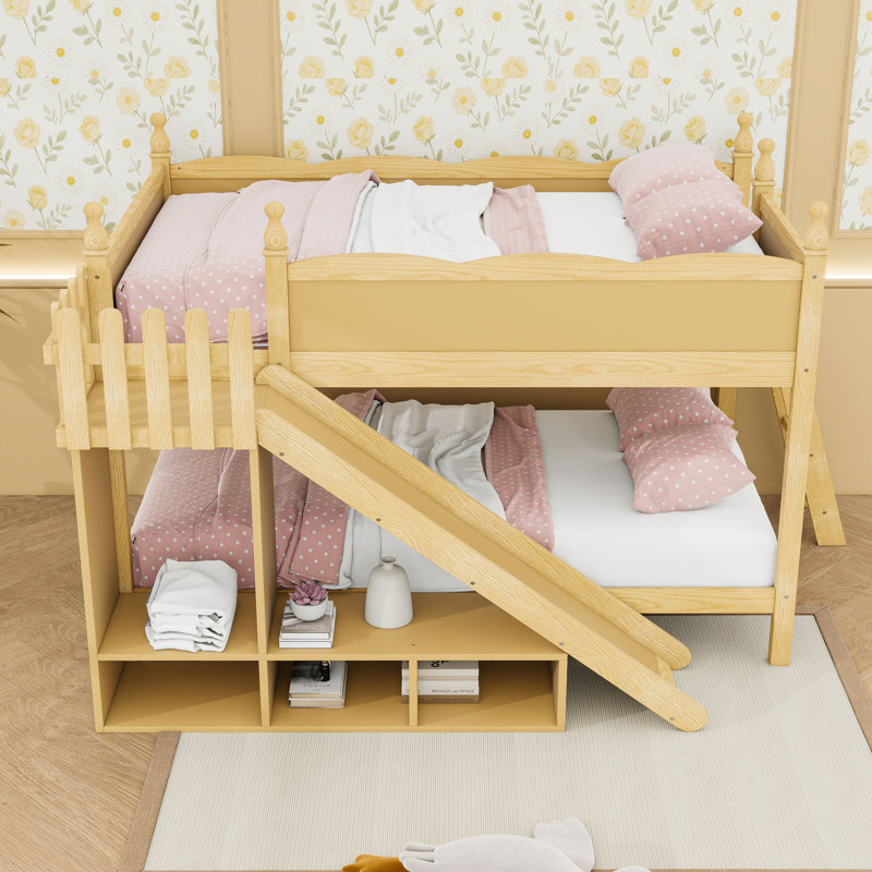 Lit superposé double en bois avec glissière, échelles et tablettes intégrées, Natural