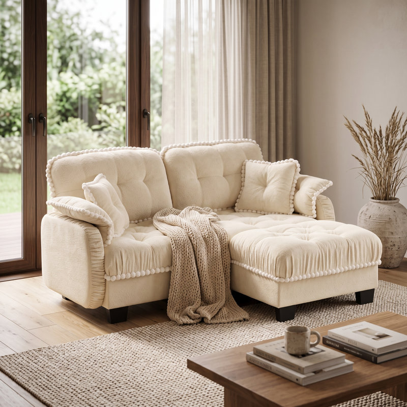 Canapé nuage 2 places beige crème en chenille avec pouf amovible, coussins capitonnés et finitions à pompons