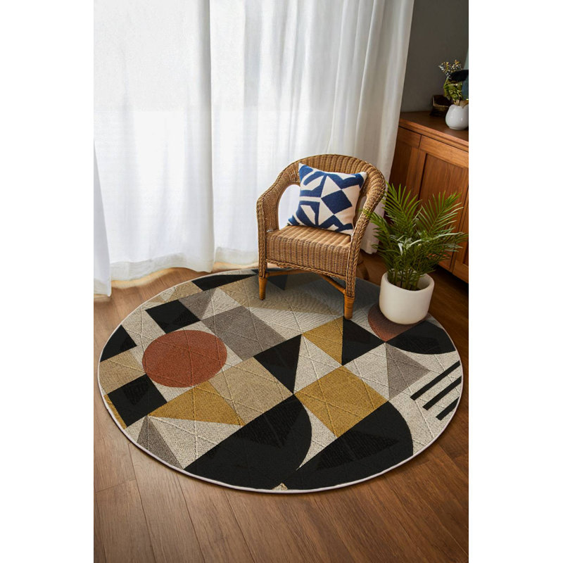 Talisman Collection Digital Print Cotton-Polyester Brown Geometric Rug, Round 3'4"