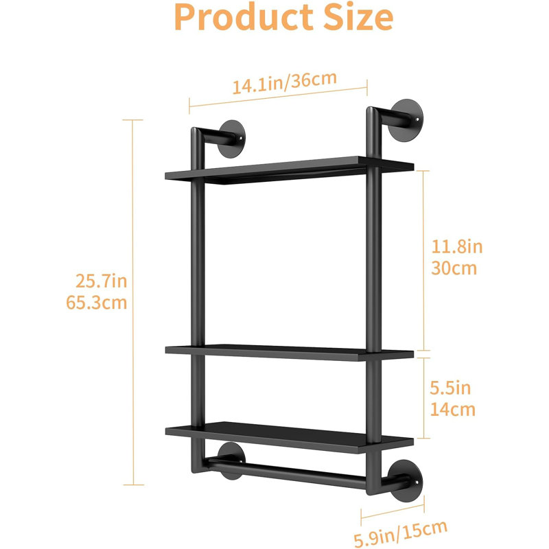 3-Tier Wall Mounted Bathroom Shelves With Towel Bar, Stainless Steel Floating Pipe Shelves For Over Toilet Storage, Space-Saving Organizer For Bathroom, Laundry Room, Kitchen