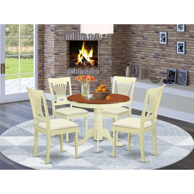 Slattery 2 - Person Solid Wood Top Pedestal Dining Set, 3 Pieces: Table 2 Chairs, Linen Fabric, Buttermilk/Cherry