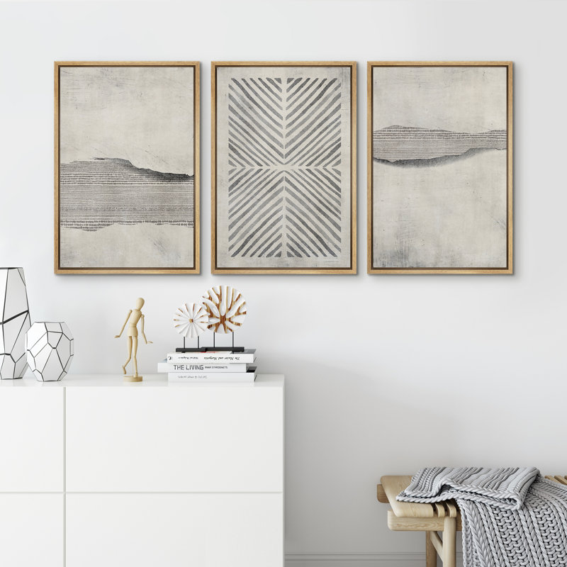 Geometric Abstract Simple Neutral Modern Pictures Home Decor - Framed Canvas Print Wall Art Work, 24" H x 48" W, Natural