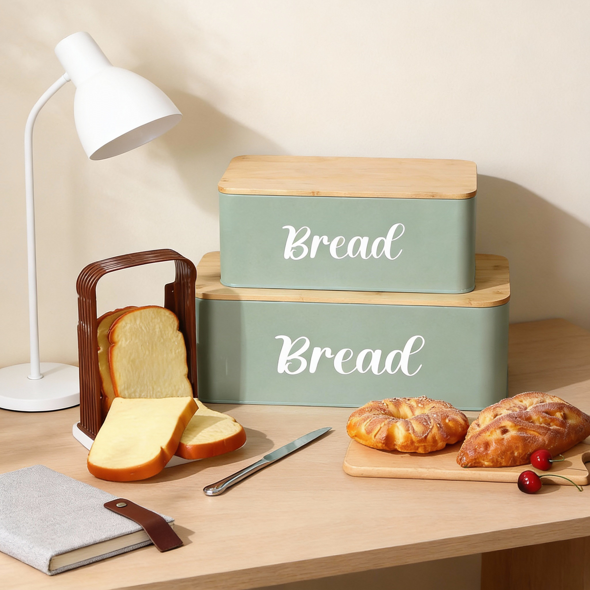 Prep & Savour 2-Piece Extra Large Metal Bread Box Set With Bamboo ...