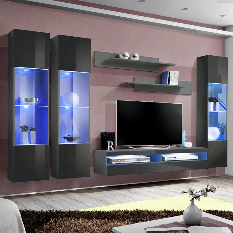 Meuble audio-vidéo mural 120 po avec éclairage 16 couleurs DEL, finition brillante 120 po, Gris