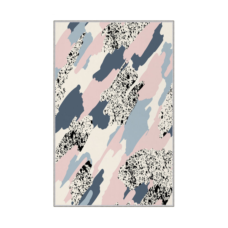 Tapis abstrait en polyester tissé à plat à la machine bleu / rose / blanc Astaria, Rectangle 3 pi 3 po x 4 pi 11 po