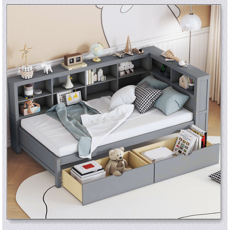 Wooden Twin Size Daybed With 2 Drawers, Daybed With Storage Shelf And USB Charging Ports, Gray