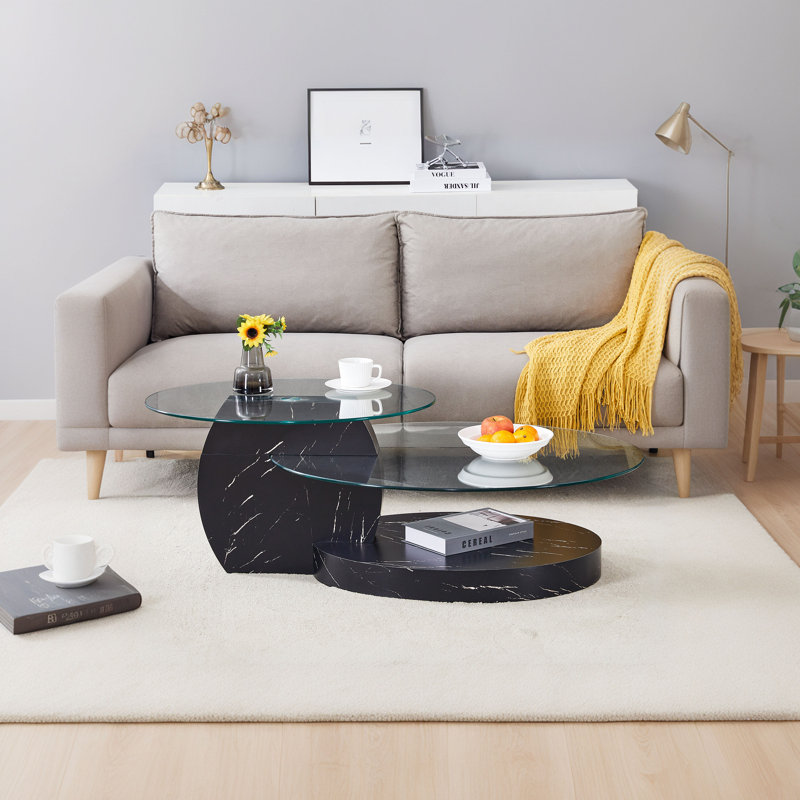 Double Clear Glass Oval Single Coffee Table, Black