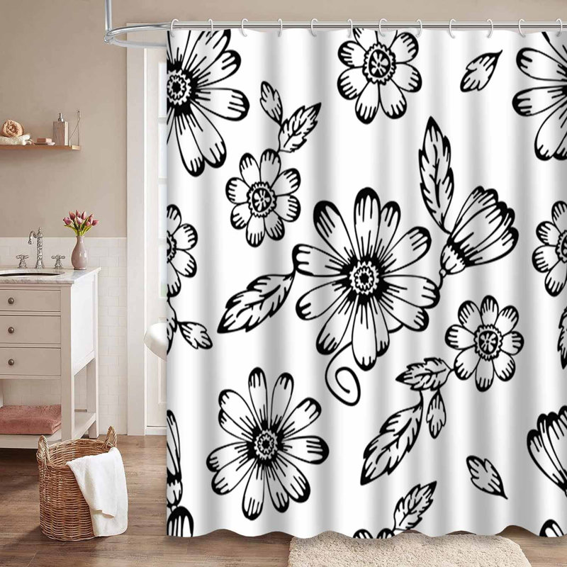 Rideau de douche à motif floral noir avec 12 crochets, L 72 po x l 72 po