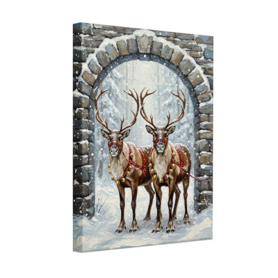 Renne de Noël debout dans un arc enneigé, ensemble de 3 impressions d'art sur toile