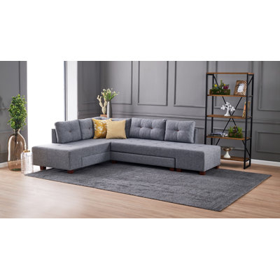 Stylish Corner Sofa-Bed, Grey Fabric, 110.2 x 33.5 x 81.1 inches | 100% Polyester Upholstery, Wood & Fiberboard Frame | Easy Clean, 32 DNS Foam Seating, Perfect for Living Room or Guest Room, Walnut Color Legs