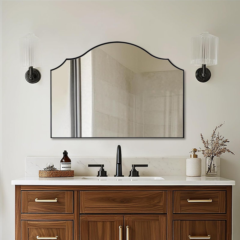 Scalloped Arch Bathroom Vanity Mirror with Curved Top | Stainless Steel Frame, Matte Black, 26" x 36"