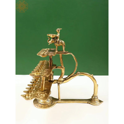 10 "laiton Aarti Diya avec 28 mèches et poignée - Lampe à huile multi-couches de style Jhari Batti traditionnel pour le temple de l'Hindou