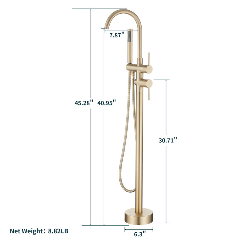 1 Handle Floor Bath Shower Mixer Bath Filler with Diverter, Gold