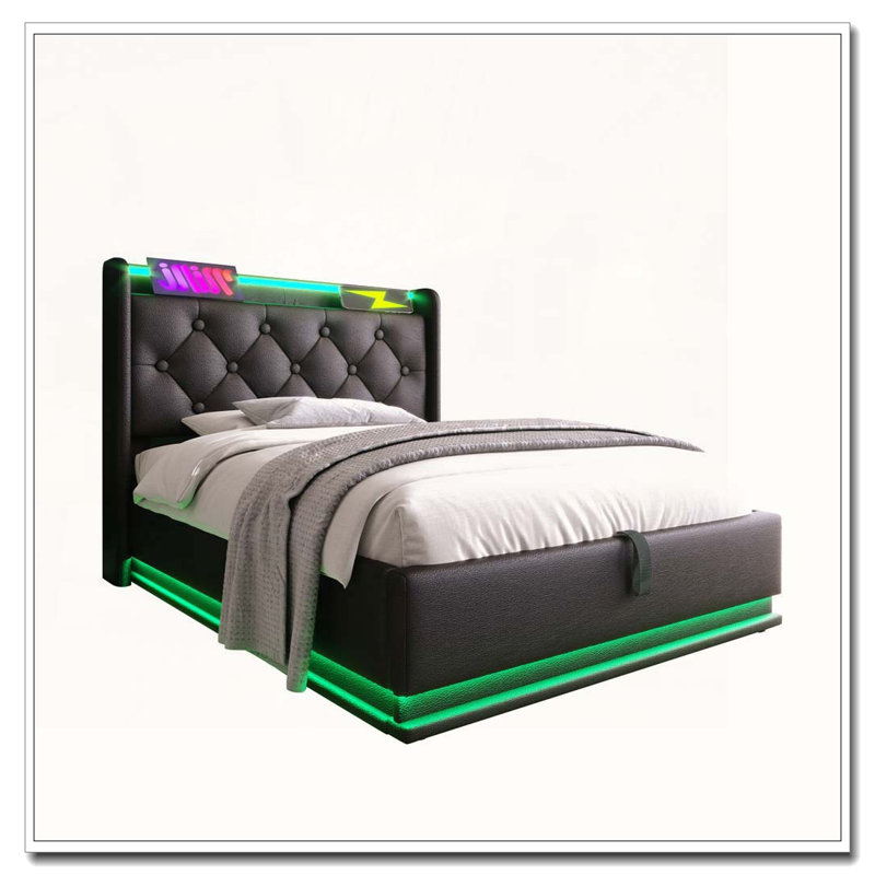 Storage Upholstered Bed with USB Type-C charging, 360 surround LED function, Buttons/Apps/Remote Control, Black PU, Twin