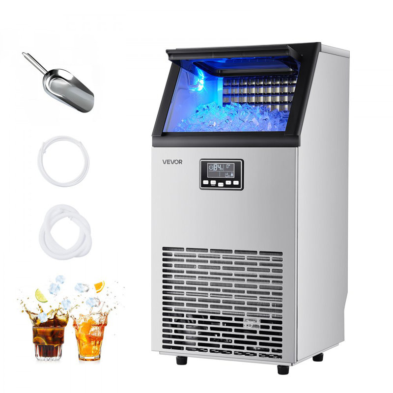 Machine à glaçons commerciale, 100 lb / 24 h avec rangement de 28 lb, 45 cubes par cycle, machine à glaçons autoportante et sous comptoir en acier inoxydable avec affichage à DEL et autonettoyante, pour bar maison