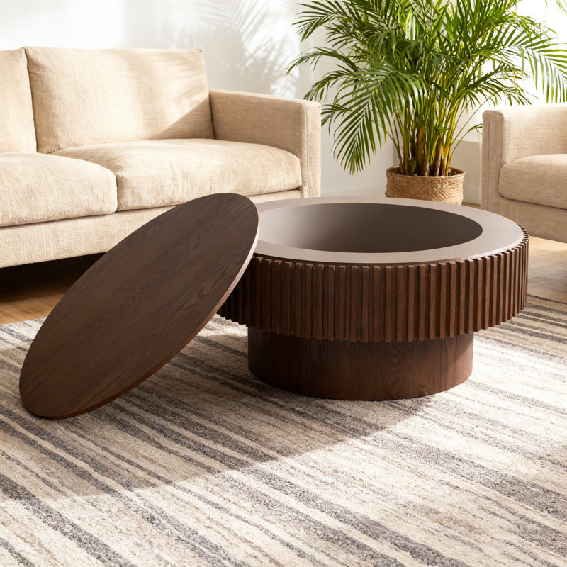Table basse ronde en MDF avec rangement, 14" H x 31.5" W x 31.5" D, Noyer